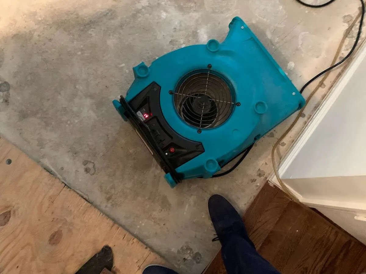 Air mover drying subfloor during Commercial Water Damage Restoration in East Fallowfield